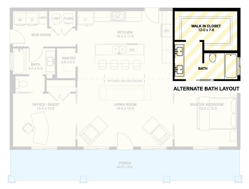 Plan 67842MG: 2 Bed Ranch House Plan with Full Length Front Porch - 1188 Sq Ft - Floor Plan - Alternate Bathroom Layout - Cottage, Country, Ranch
