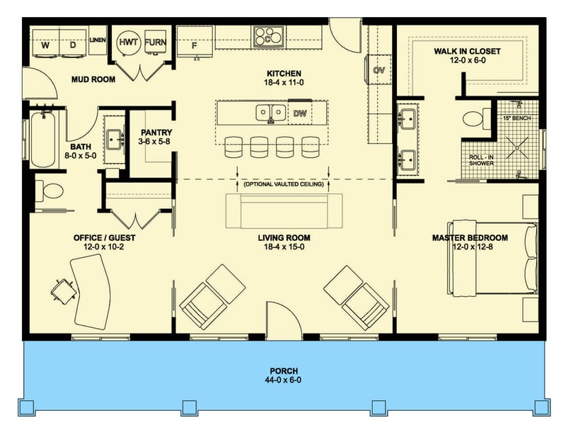 Plan 67842MG: 2 Bed Ranch House Plan with Full Length Front Porch - 1188 Sq Ft - Floor Plan - Main Level - Cottage, Country, Ranch