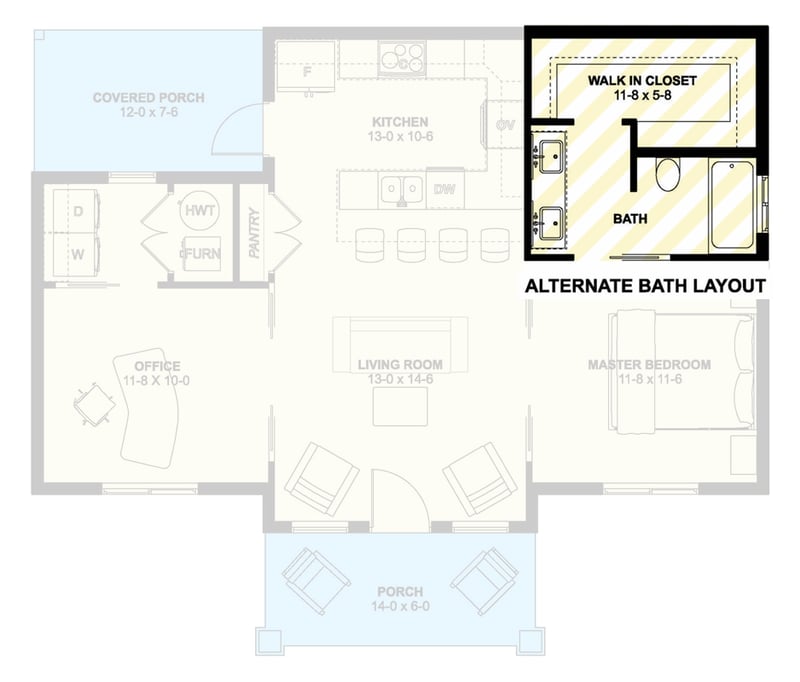 Plan 67844MG: Compact Lake House Plan with Home Office or Flex Space - 850 Sq Ft - Floor Plan - Alternate Bathroom Layout