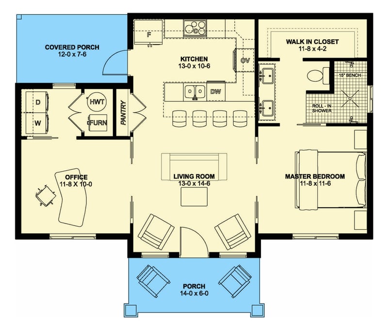 Plan 67844MG: Compact Lake House Plan with Home Office or Flex Space - 850 Sq Ft - Floor Plan - Main Level