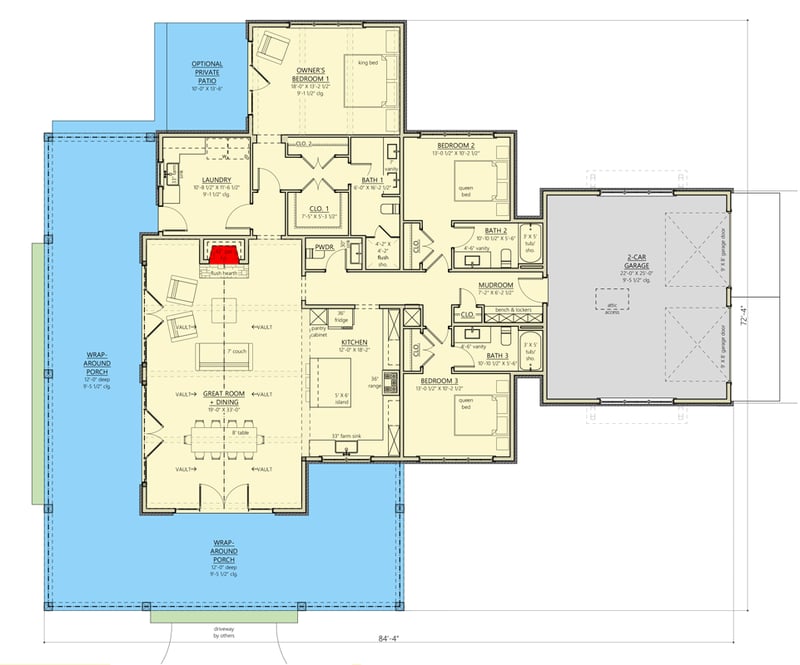 Plan 865026SHW: 3 Bed Modern Farmhouse Plan with Oversized Wrap-Around Porch - 2262 Sq Ft - Floor Plan - Main Level - Modern Farmhouse, Transitional