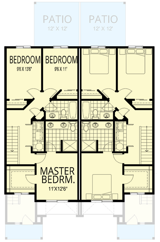 Plan 267087SPK: Two-Story Contemporary Duplex House Plan with 3 Beds Each Unit Under 1500 Sq Ft - Floor Plan - 2nd Floor - Contemporary, Modern