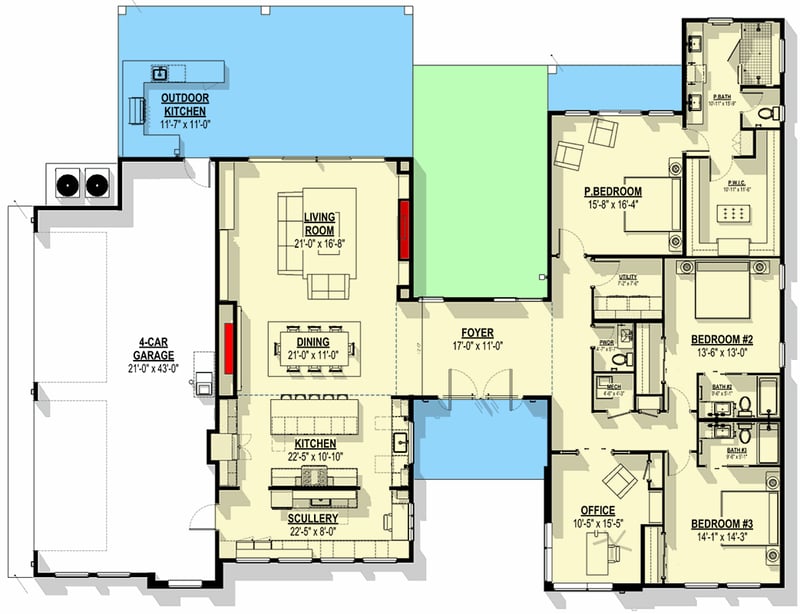 Plan 307747RAD: Contemporary One-Story Home Plan with Scullery and Home Office - Floor Plan - Main Level - Contemporary, Modern