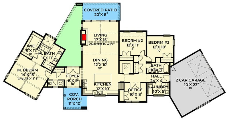 Plan 280239JWD: Transitional Modern Farmhouse with Angled Garage and Vaulted Living Room - Floor Plan - Main Level - Modern Farmhouse, Transitional