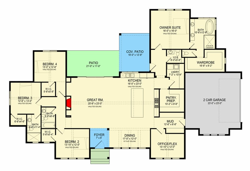 Plan 493037GNT: Shingle-Style 4-Bedroom House Plan with Vaulted Ceilings and Outdoor Living - Floor Plan - Main Level - Colonial, Cottage, Ranch, Shingle