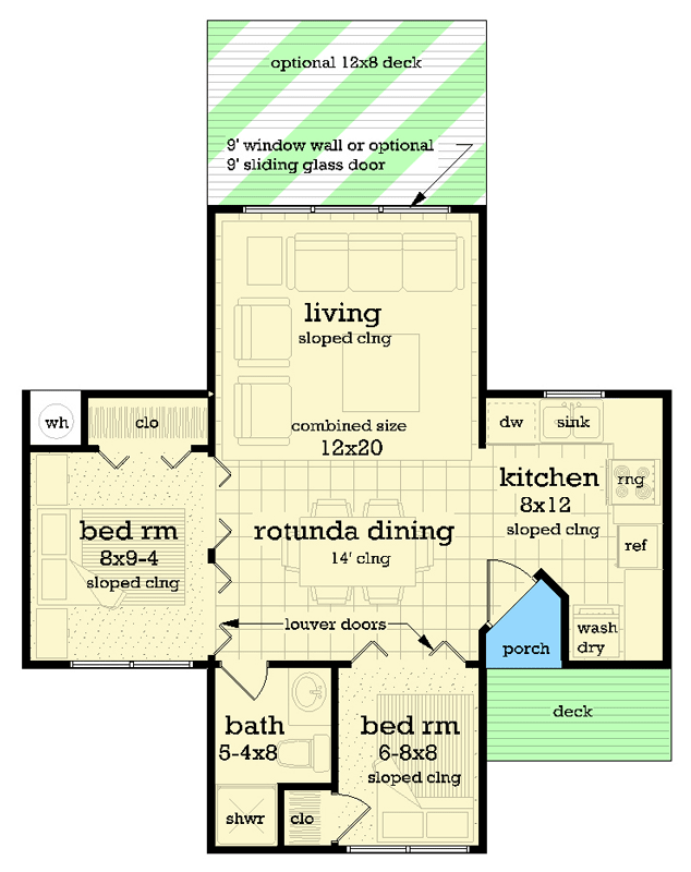 Plan 55245BR: Compact 2-Bedroom Country Cottage House Plan - 516 Sq Ft - Floor Plan - Main Level - Cottage, Country, Southern