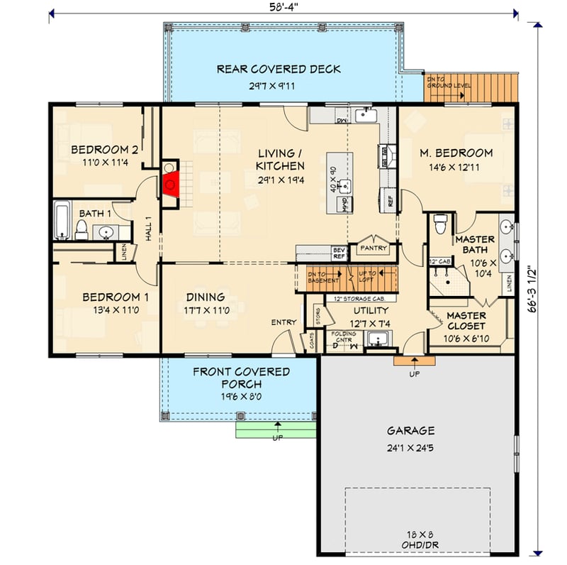 Plan 28951JJ: Modern Farmhouse-Style Lake House Plan with Loft and Walkout Basement - 2000 Sq Ft - Floor Plan - Main Level - Craftsman, Modern Farmhouse, New American, Traditional