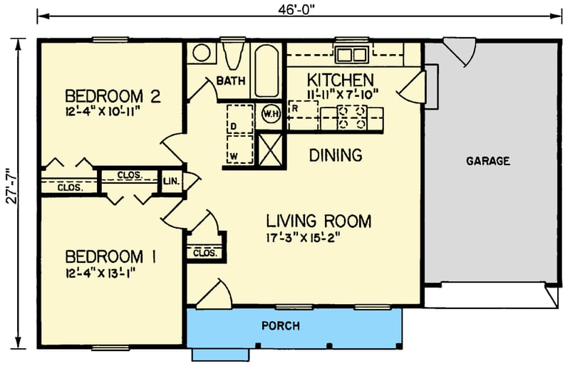 Plan 25893GE: Charming 2-Bed Cottage with Front Porch and Open Living Area - Floor Plan - Main Level - Cottage, Ranch, Southern, Traditional