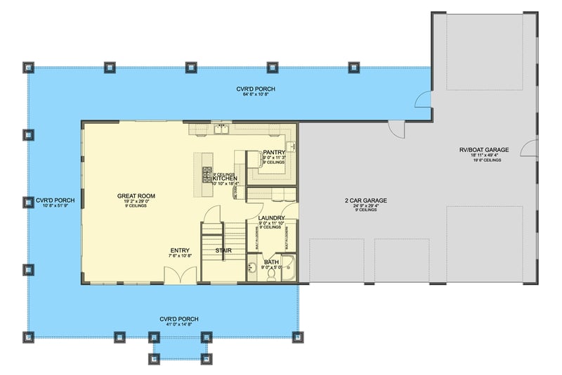 Plan 61636UT: Modern 2-Story Barndominium with Wrap Around Porch and 3-Car RV Garage - Floor Plan - Main Level - Barndominium, Modern