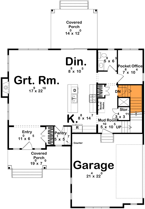 Plan 623522DJ: Two-Story Modern Farmhouse Plan with Pocket Office - 2250 Sq Ft - Floor Plan - Basement Stairs Location  - Farmhouse, Modern Farmhouse