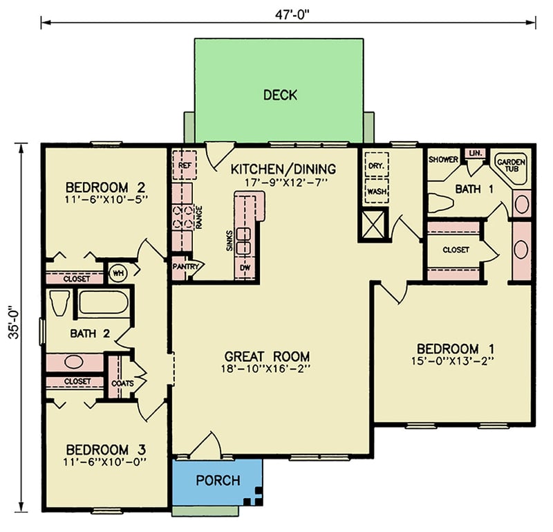 Plan 25897GE: Country Farmhouse with 3-Bed Split Plan and Rear Deck - Floor Plan - Main Level - Country, Farmhouse