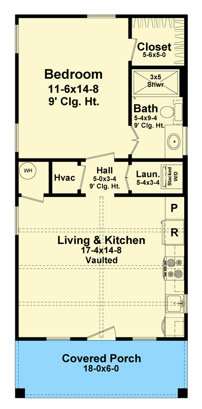 Plan 51225MM: Narrow 1-Bed ADU Cottage House Plan with Vaulted Great Room - Floor Plan - Main Level - Cottage, Country