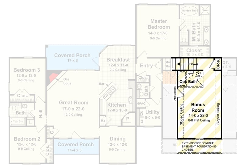 Plan 51230MM: Elegant One-Story Traditional Brick House with Split Bedrooms and Rear Porch - Floor Plan - Optional Bonus Room - Traditional