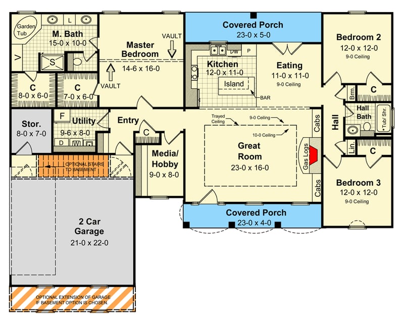 Plan 51231MM: Craftsman Ranch with Vaulted Master, Split Bedrooms and 2 Porches - Floor Plan - Main Level - Country, Ranch