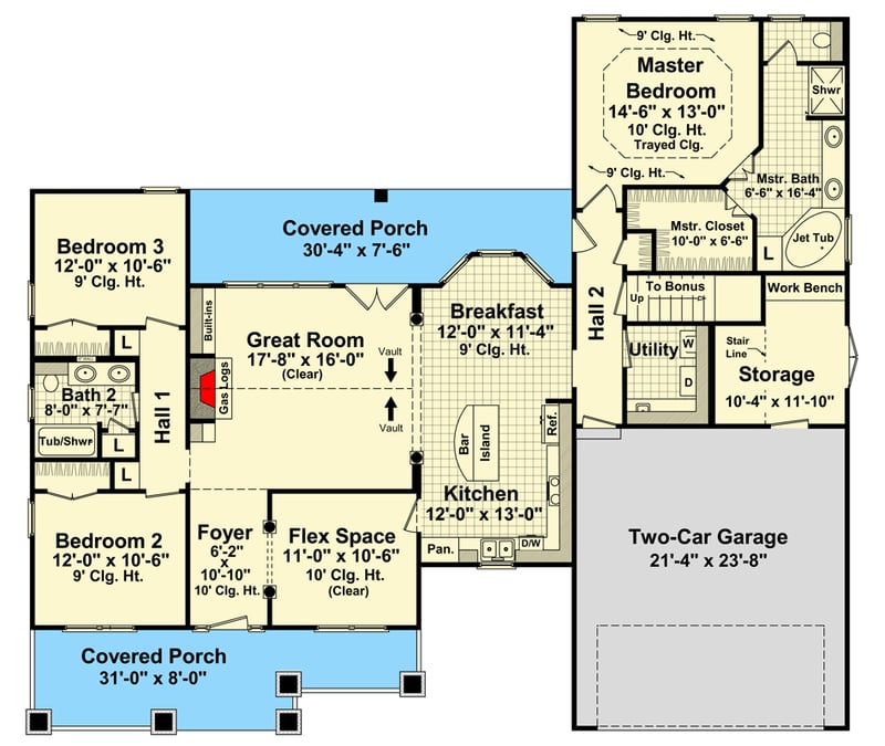 Plan 51234MM: Charming Modern Farmhouse with Bonus Room and Spacious Porch - Floor Plan - Main Level - Craftsman, Farmhouse, Modern Farmhouse, New American