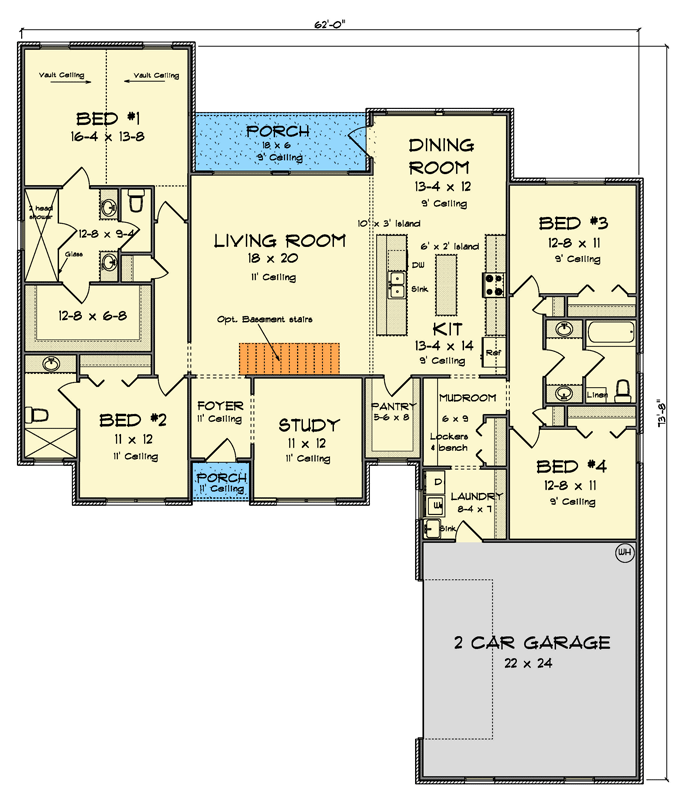 Plan 52438WM: Charming One-Story Craftsman with Open Layout and Rear Porch Retreat - Floor Plan - Main Level