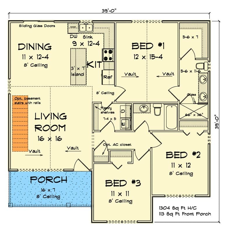 Plan 52443WM: Charming 3-Bed Cottage-Style Plan with Vaulted Living and Cozy Porch - Floor Plan - Main Level - Craftsman