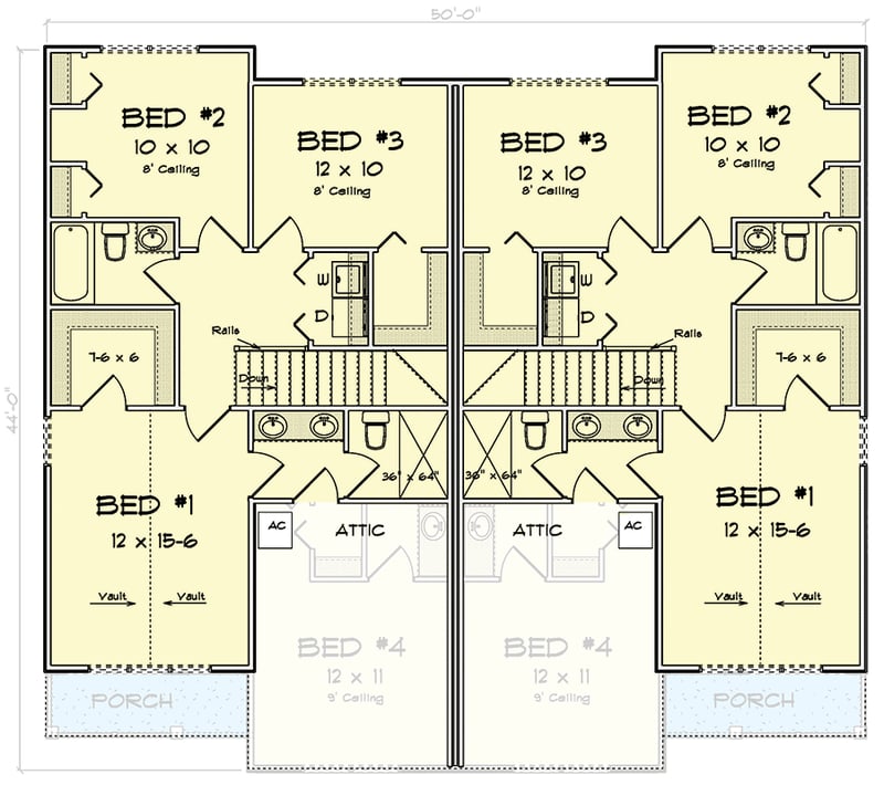 Plan 52444WM: Spacious 2-Story Duplex with 4 Bedrooms and Covered Front Porches - Floor Plan - 2nd Floor - Craftsman