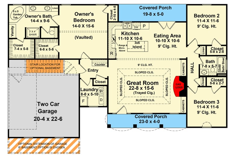 Plan 51240MM: Cozy Ranch House Plan with Spacious Porches and Split Bedrooms - Floor Plan - Optional Garage Extension - Ranch, Traditional