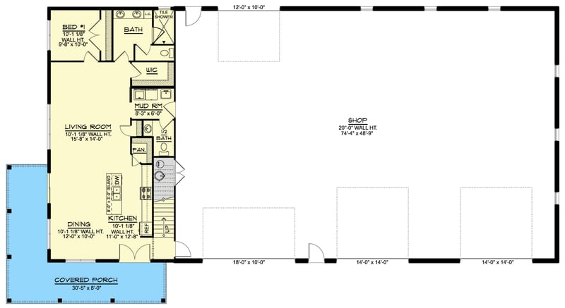 Plan 135361GRA: Expansive 1-Bedroom Barndominium Home with Oversized 4-Car Garage and Dual Porches - Floor Plan - Main Level - Barndominium