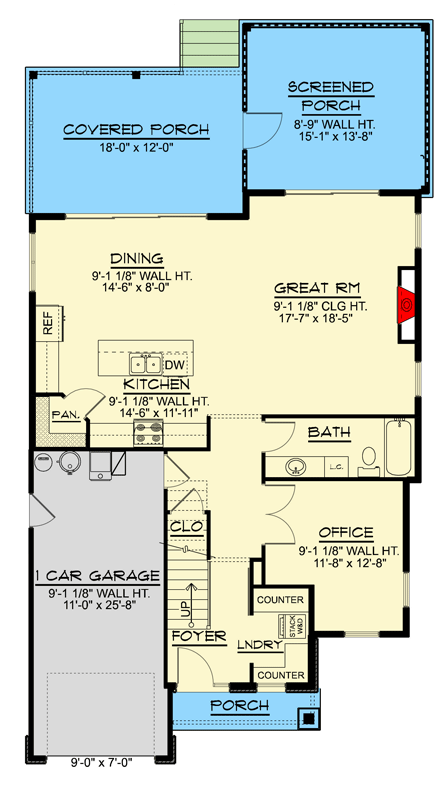 Plan 135363GRA: Two-Story Traditional House with Screened Porch and Private Office - Floor Plan - Main Level - Traditional