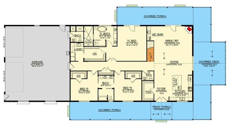 Plan 135365GRA: Expansive Rustic Farmhouse Ranch Walkout Home with Wrap-Around Porch & 4-Car Garage - Floor Plan - Main Level - Barndominium, Farmhouse