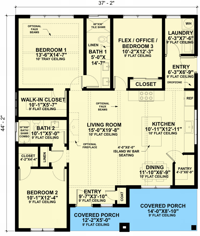 Plan 421024HFC: Cozy 3-Bedroom Modern Farmhouse with Flexible Layout and Spacious Front Porch  - Floor Plan - Main Level - Cottage, Country, Modern Farmhouse