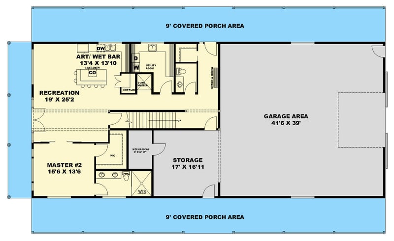 Plan 350144GH: Spacious Barndominium with Dual Master Suites and Expansive Garage - Floor Plan - Main Level - Barndominium
