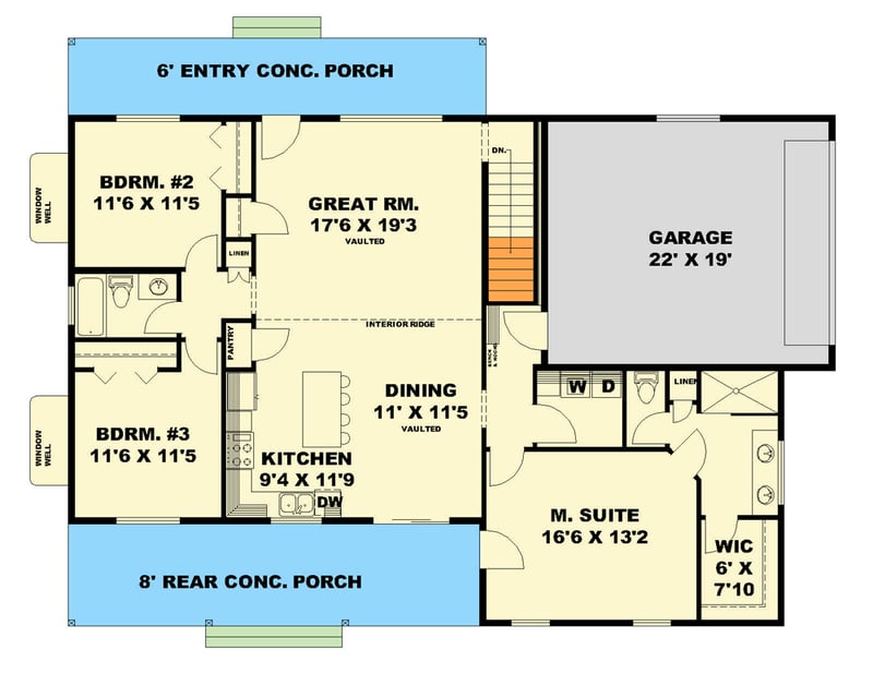 Plan 350147GH: Charming Ranch Style House Plan with Vaulted Ceilings - Floor Plan - Main Level - Country, Ranch