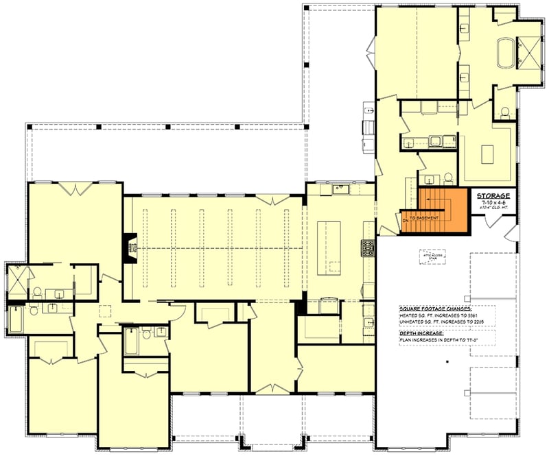 Plan 52007HZ: 4 or 5 Bedroom Modern Transitional House Plan with Vaulted Living and 3-Car Garage - Floor Plan - Basement Stairs Location - Modern, Southern, Transitional