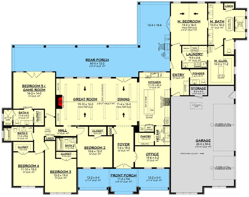 Plan 52007HZ: 4 or 5 Bedroom Modern Transitional House Plan with Vaulted Living and 3-Car Garage - Floor Plan - Main Level - Modern, Southern, Transitional