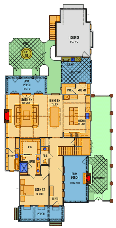 Plan 510259WDY: Charming Two-Story Southern Traditional with Courtyard and Stacked Porches - Floor Plan - Main Level - New Orleans, Southern, Southern Traditional