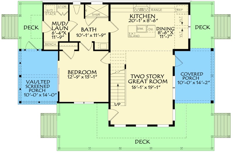 Plan 940009JNK: Charming Modern Farmhouse Plan with Loft and Vaulted Screened Porch - Floor Plan - Main Level - Cabin, Cottage, Modern Farmhouse, New American