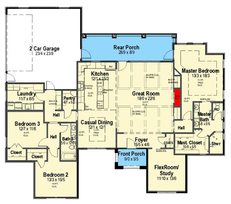 Plan 54042LK: Country Ranch House Plan with 3 Bedrooms and Flex Room - Floor Plan - Main Level - Country, Ranch