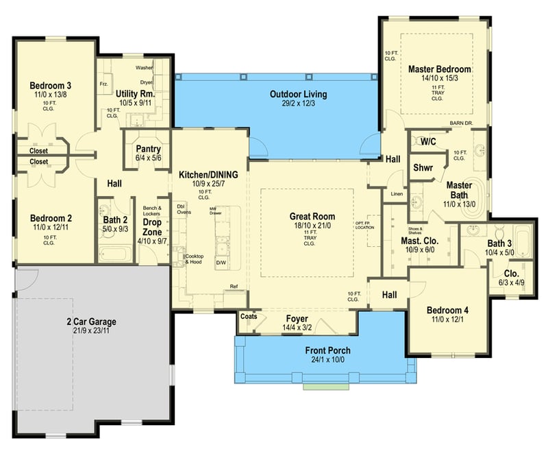 Plan 54043LK: Charming Southern Ranch with Spacious Porch and Modern Amenities - Floor Plan - Main Level - Country, Ranch, Southern, Traditional