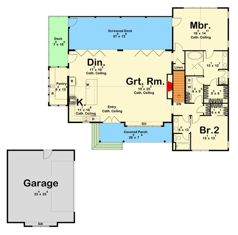 Plan 623526DJ: Spacious Farmhouse with Two-Story Great Room and Detached Garage - Floor Plan - Main Level - Farmhouse