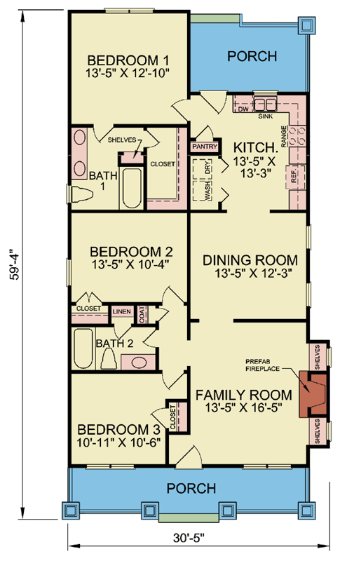 Plan 25907GE: Charming 3-Bedroom Cottage Plan with Split Bedroom Layout and Cozy Porch - Floor Plan - Main Level - Bungalow, Cottage