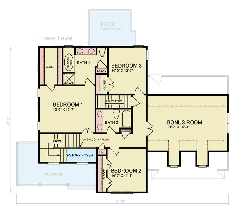 Plan 25909GE: Traditional Home Plan with Bonus Room and Inviting Porches - Floor Plan - 2nd Floor - Traditional