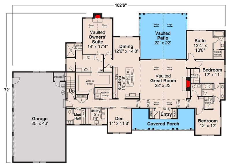 Plan 720129DA: Elegant 4-Bed New American House Plan with Vaulted Ceilings - Floor Plan - Main Level - Country, Craftsman, New American, Traditional