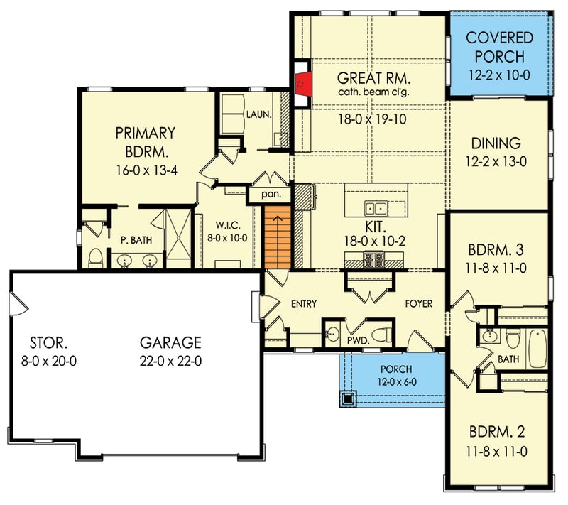 Plan 790172GLV: Spacious 3-Bedroom Ranch House Plan with Front and Rear Porches - Floor Plan - Main Level - New American, Ranch, Traditional