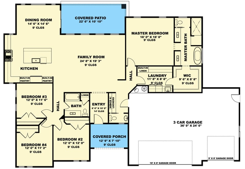 Plan 506049BRY: Single-Story Modern 4-Bedroom House Plan with Covered Patio - Floor Plan - Main Level - Contemporary, Modern