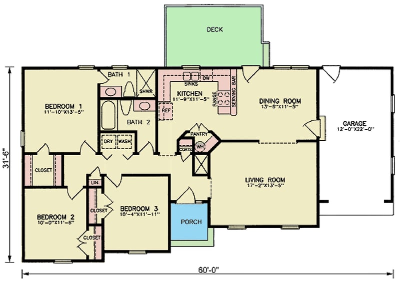 Plan 25913GE: Charming Country Ranch with Open Layout and Deck