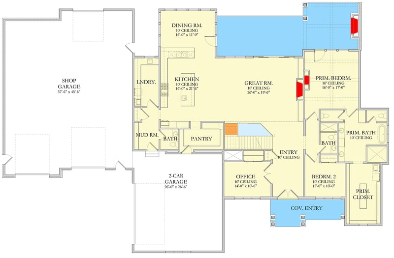Plan 490149NAH: Luxurious New American Farmhouse Plan with Home Theater and Finished Bonus Room - Floor Plan - Main Level - Farmhouse, New American