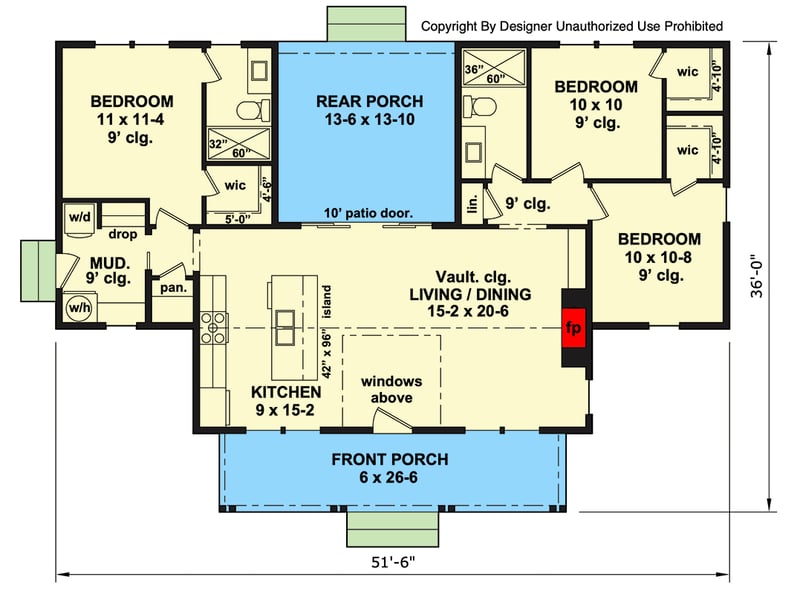 Plan 140037RK: New American Farmhous Plan with Split Bedrooms and Vaulted Living Area - Floor Plan - Main Level - Farmhouse, New American