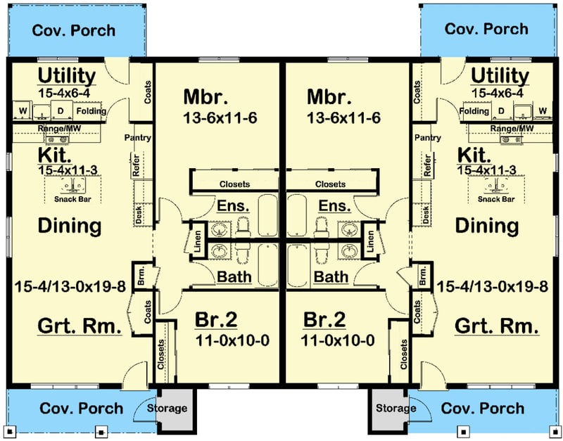 Plan 67845MG: Spacious Country Duplex with Modern Farmhouse Charm - Floor Plan - Main Level - Country, Craftsman, Modern Farmhouse, Ranch, Traditional