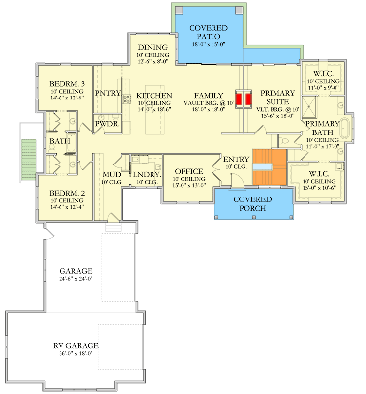 Plan 490151NAH: Elegant Transitional Farmhouse with RV Garage and Home Office - Floor Plan - Main Level - Farmhouse, Transitional