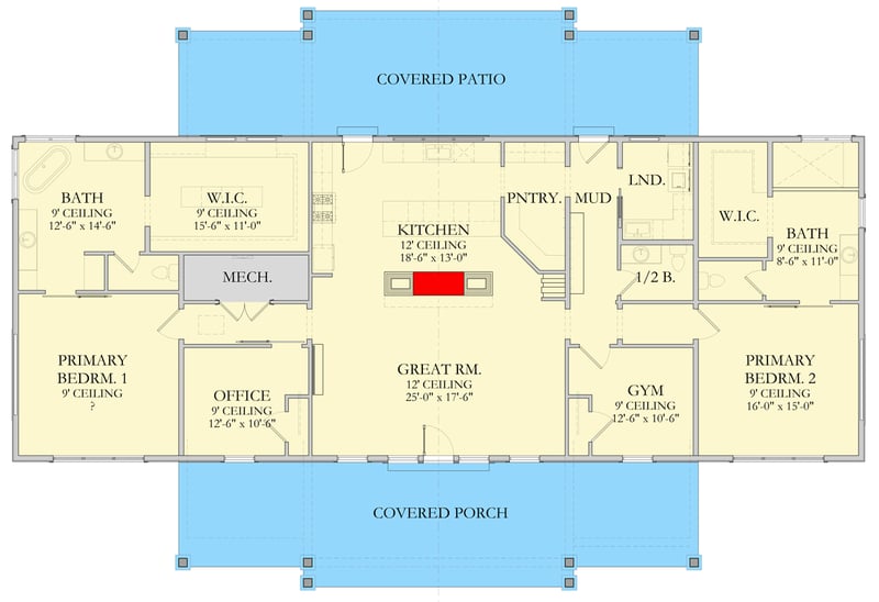 Plan 490155NAH: Mountain-View Home Plan with Two Master Suites and a Gym - Floor Plan - Main Level - Mountain