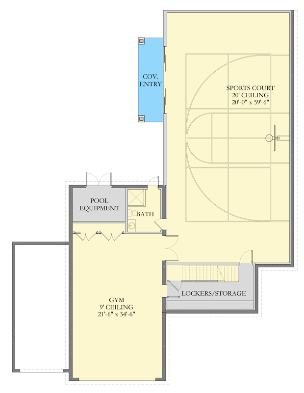 Plan 490159NAH: Modern Garage Design Plan with Expansive Sports Court - Floor Plan - Lower Level - Modern