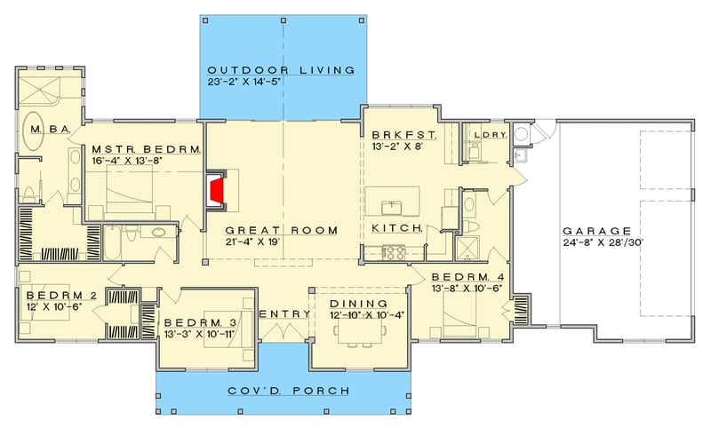 Plan 333027JHB: Country Farmhouse Plan with 4-Bedrooms and Expansive Porches - Floor Plan - Main Level - Farmhouse, Modern Farmhouse, Ranch