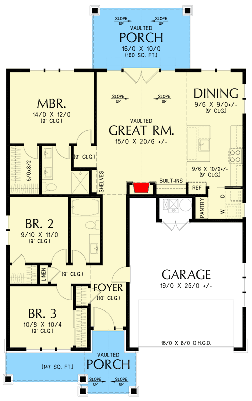 Plan 69904AM: Craftsman Mountain House Plan with Split Bedrooms and Vaulted Porch - Floor Plan - Main Level - Craftsman, Mountain